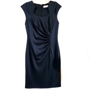 Calvin Klein Evening Party Dress Size 2 Dark Blue Ruched Side Cap Sleeve Classic